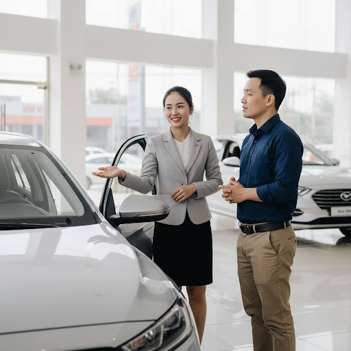 Hình ảnh nhân viên kinh doanh ô tô chuyên nghiệp, tư vấn tận tình khách hàng tại showroom hiện đại, mở ra cơ hội hấp dẫn trong ngành.