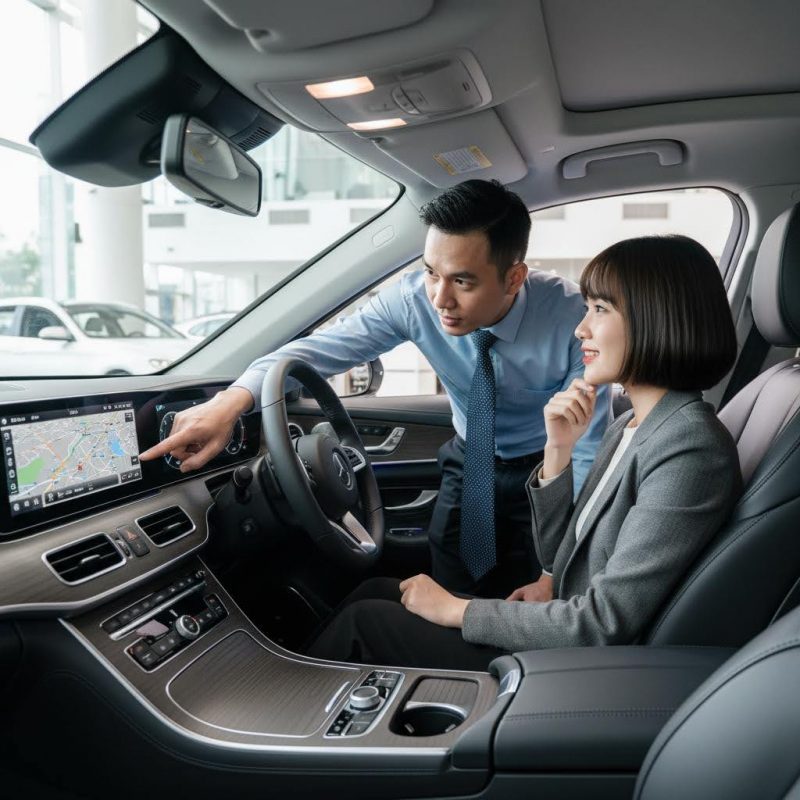 Nhân viên kinh doanh ô tô tận tình giới thiệu và hướng dẫn chi tiết các tính năng xe tại showroom, thể hiện sự chuyên nghiệp.