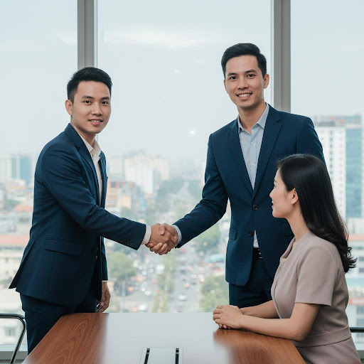 Hình ảnh người đại diện kinh doanh chuyên nghiệp xây dựng mối quan hệ tin cậy với khách hàng.
