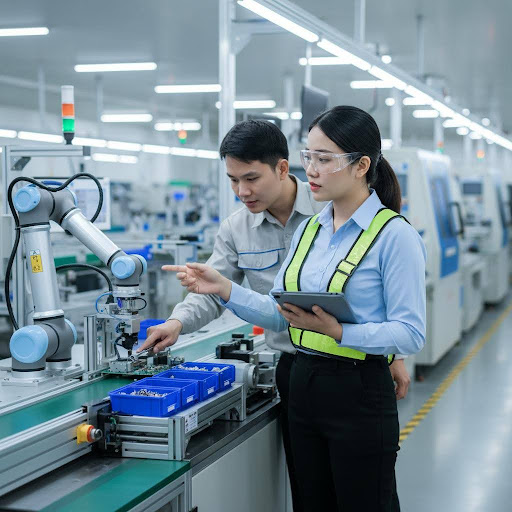 Kỹ sư IE thực hiện phân tích dữ liệu và thiết lập chuẩn hóa quy trình làm việc để tối ưu hóa sản xuất.