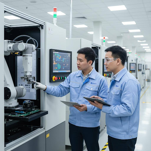 Kỹ sư PE trực tiếp triển khai và giám sát hoạt động sản xuất, đảm bảo quy trình vận hành ổn định và chính xác.