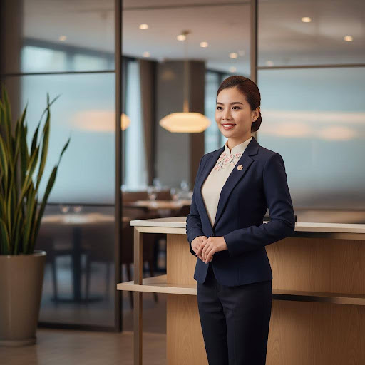 Nhân viên lễ tân nhà hàng là "bộ mặt" đầu tiên, tạo ấn tượng ban đầu quan trọng với khách hàng.