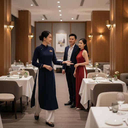 Kỹ năng dẫn khách và sắp xếp chỗ ngồi là một phần quan trọng trong nghiệp vụ lễ tân.