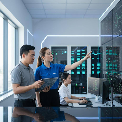 Hình ảnh tổng quan về công việc đa dạng của nhân viên kỹ thuật trong kỷ nguyên số.
